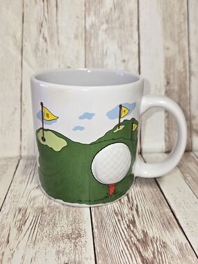 Vintage Russ Berrie 3D Golf Ball Mug Golf Course Coffee Cup White Ceramic